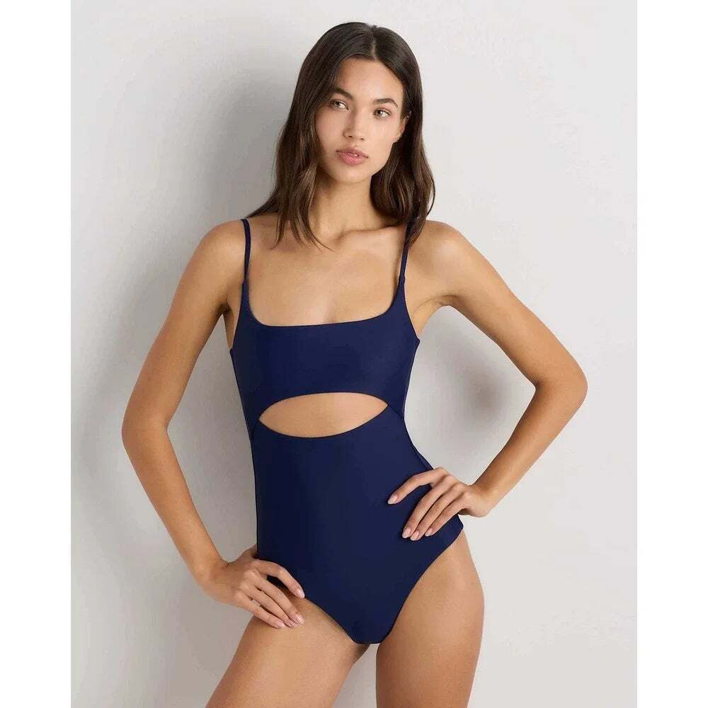 NWT Quince Deep Navy Blue Italian Cut Out One-Piece Swimsuit Women's Size Large
